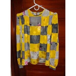 5/$25 Sz 14 Eva Laurel Women's Blouse Yellow 80s Neon Patchwork